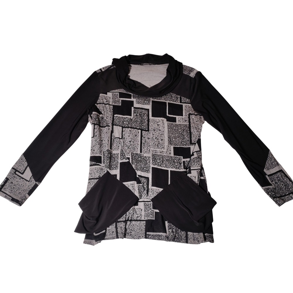 Michael Tyler Black Grey Geometric Print Cowl‎ Neck Tunic Top SZ S (?)